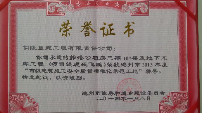 2013年度"池州市安全標(biāo)化工地”